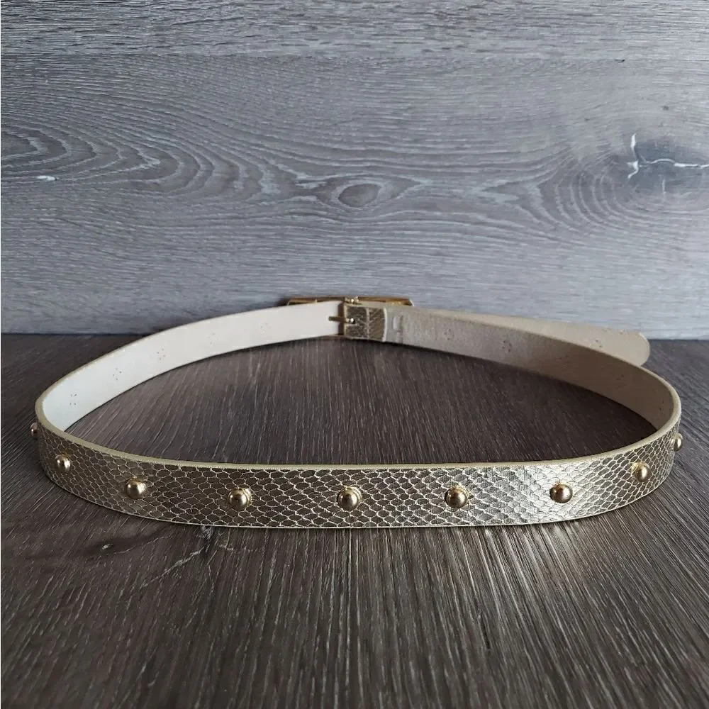 VINTAGE 90s NINE WEST METALLIC GOLD FAUX SNAKESKIN STUDDED LEATHER BELT MEDIUM